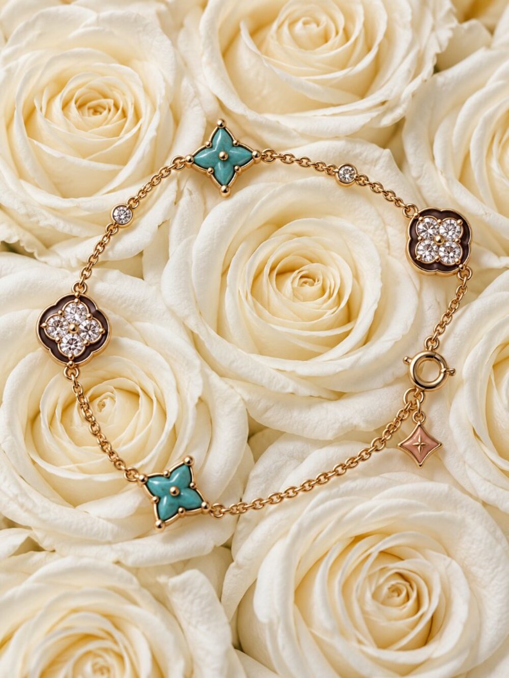 Gold Tone Turquoise Floral Charm Bracelet Sparkling Pavé Dainty Chain